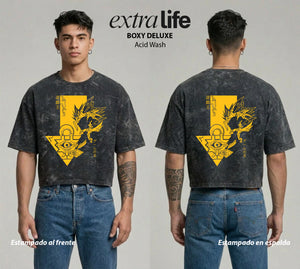 Playera streetwear premium de anime y gaming ExtraLife MX, corte boxy deluxe mineral wash heavyweight en color Acid Wash, moda urbana mexicana de culto.