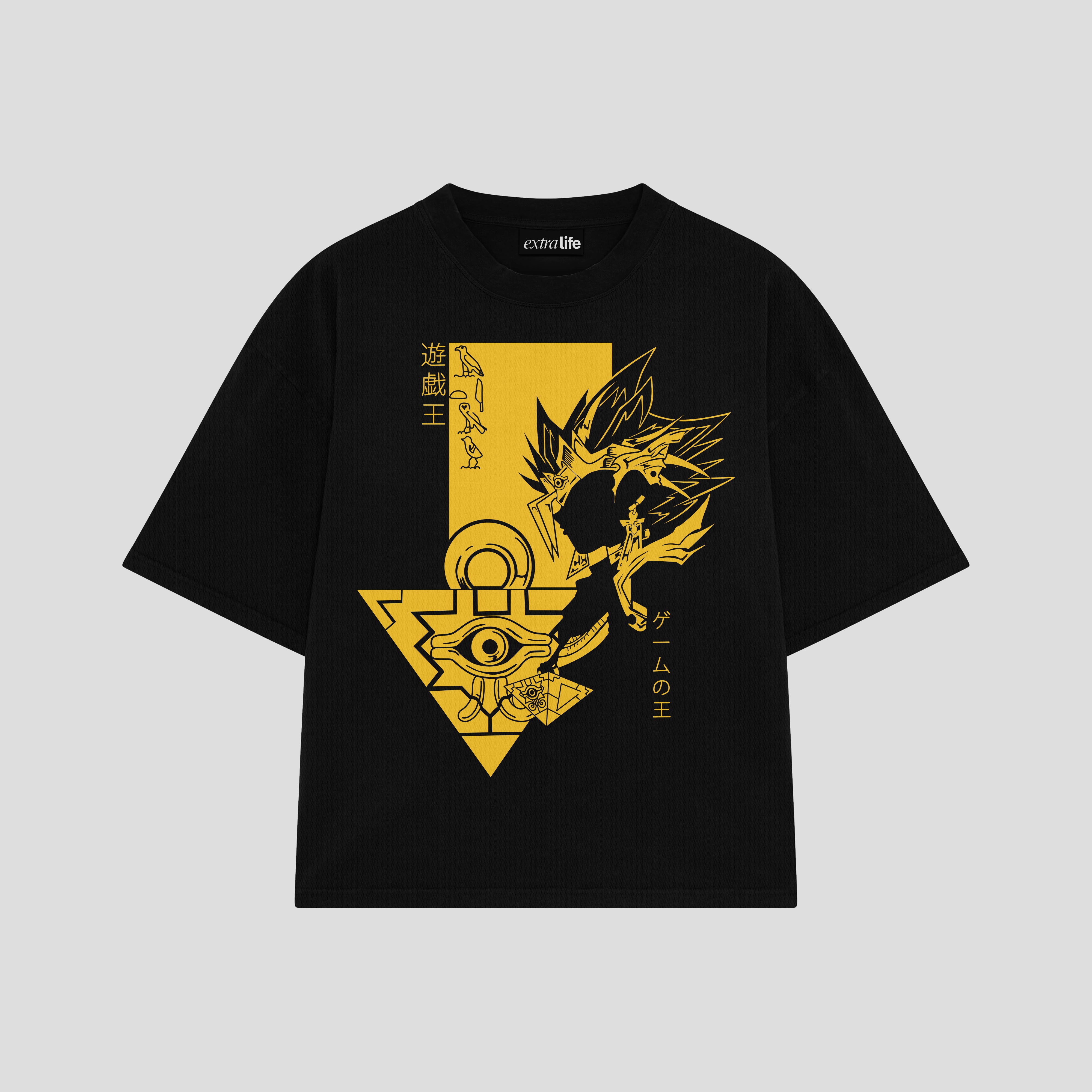 Playera streetwear premium de anime y gaming ExtraLife MX, corte boxy oversized drop shoulder heavyweight en color Deep Black y Off-White, moda urbana mexicana de culto.