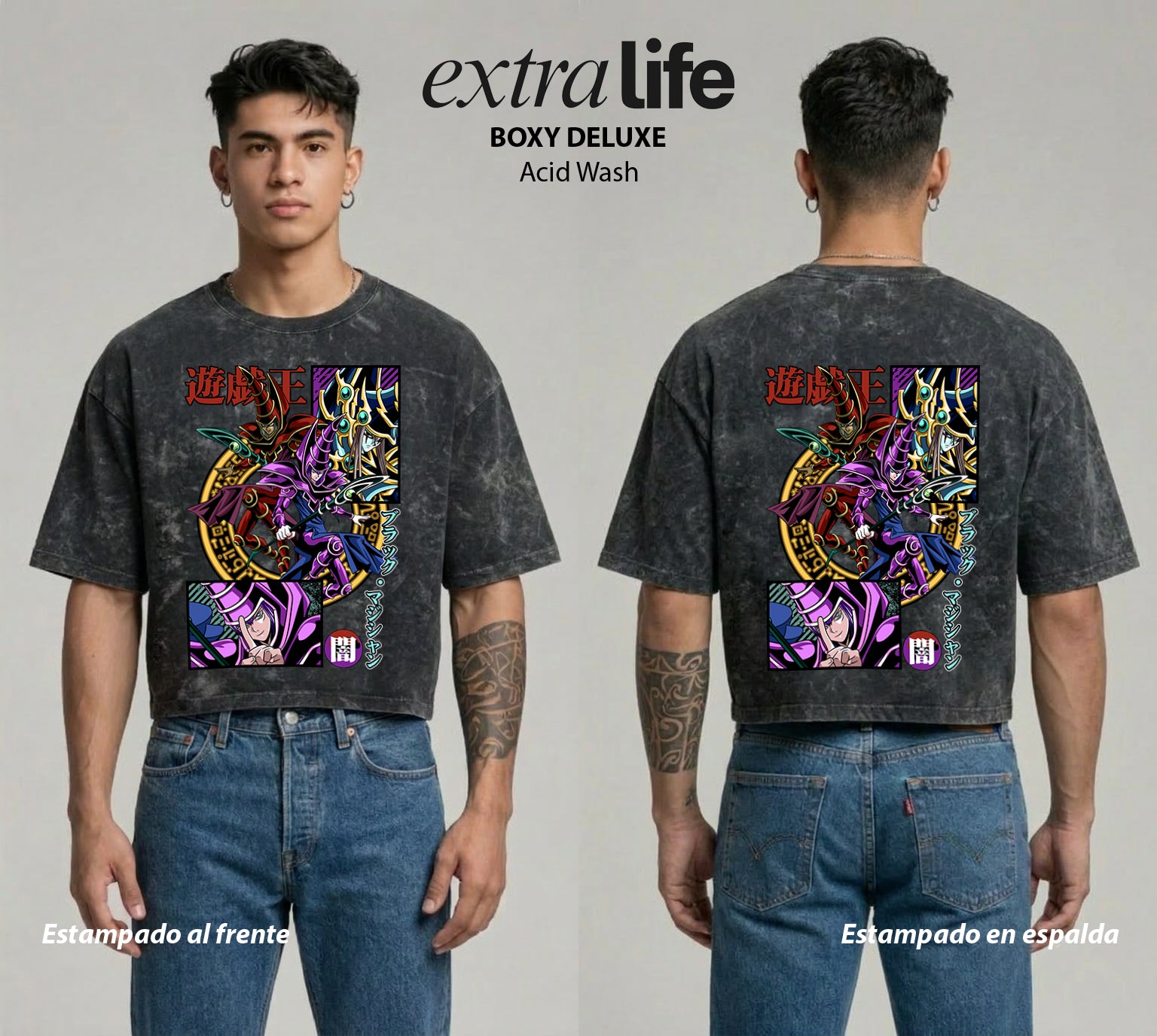 Playera streetwear premium de anime y gaming ExtraLife MX, corte boxy deluxe mineral wash heavyweight en color Acid Wash, moda urbana mexicana de culto.