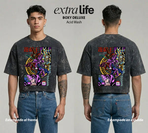 Playera streetwear premium de anime y gaming ExtraLife MX, corte boxy deluxe mineral wash heavyweight en color Acid Wash, moda urbana mexicana de culto.