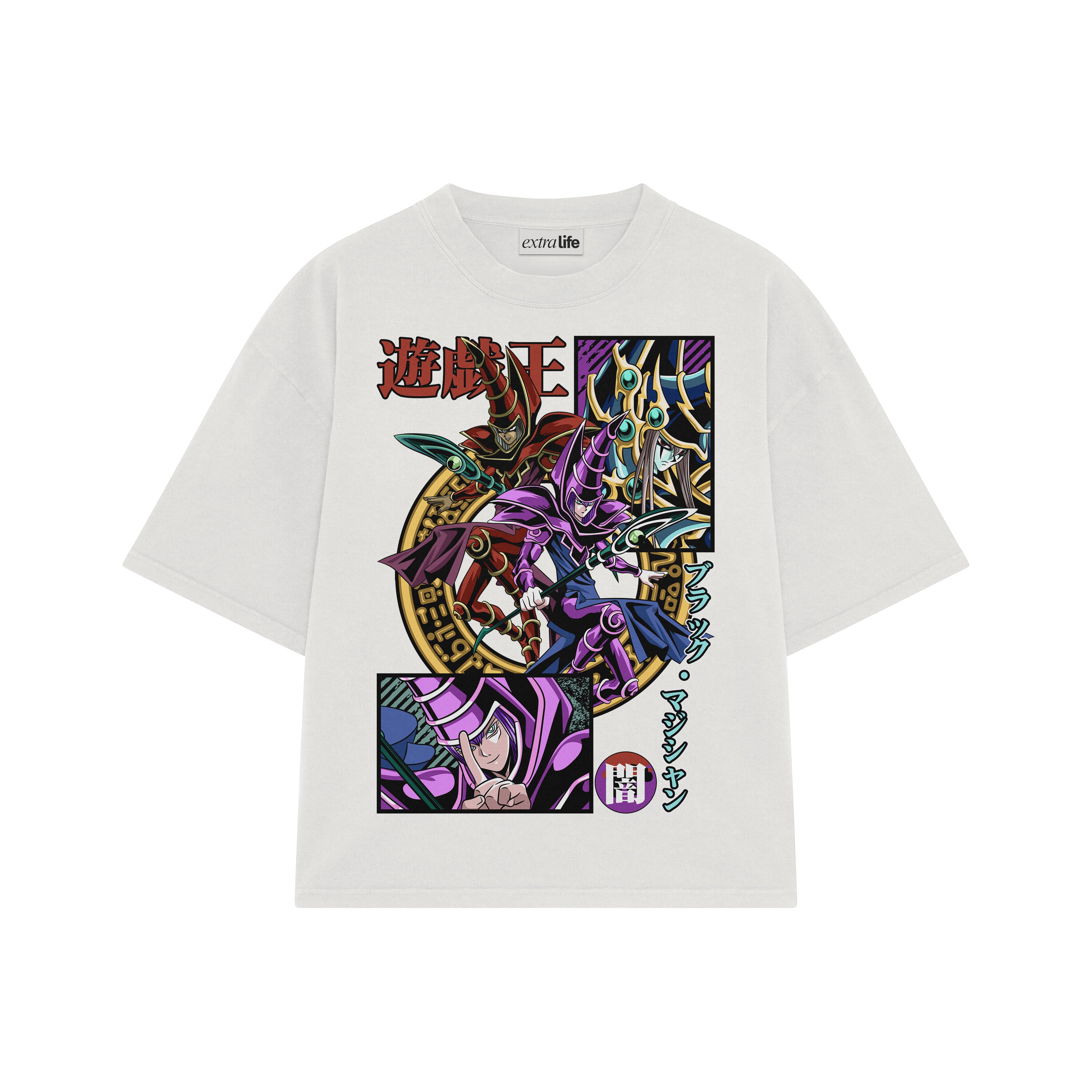 Playera streetwear premium de anime y gaming ExtraLife MX, corte boxy oversized drop shoulder heavyweight en color Deep Black y Off-White, moda urbana mexicana de culto.