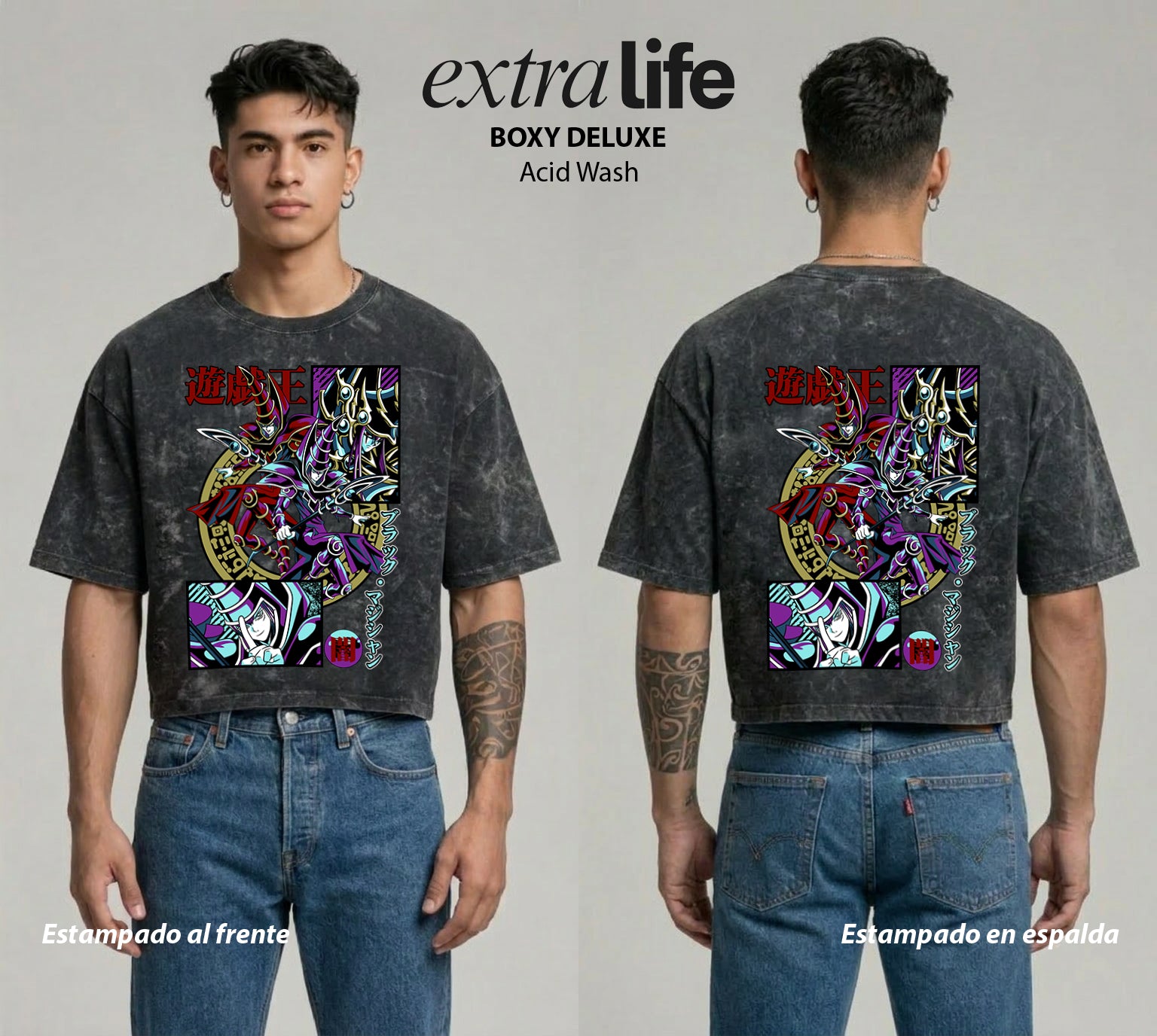 Playera streetwear premium de anime y gaming ExtraLife MX, corte boxy deluxe mineral wash heavyweight en color Acid Wash, moda urbana mexicana de culto.