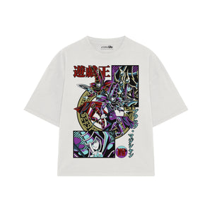 Playera streetwear premium de anime y gaming ExtraLife MX, corte boxy oversized drop shoulder heavyweight en color Deep Black y Off-White, moda urbana mexicana de culto.