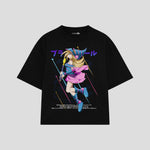 Playera streetwear premium de anime y gaming ExtraLife MX, corte boxy oversized drop shoulder heavyweight en color Deep Black y Off-White, moda urbana mexicana de culto.