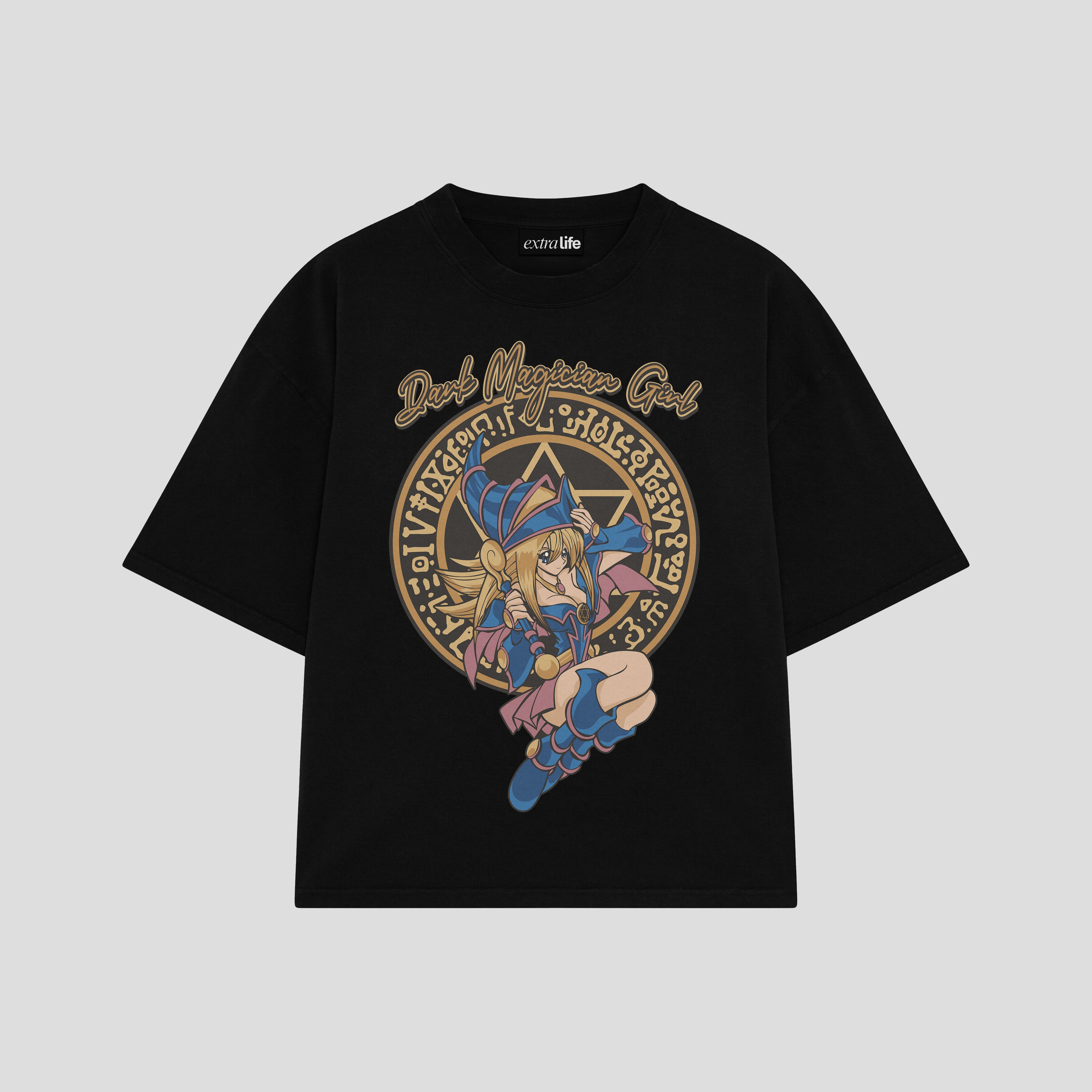 Playera streetwear premium de anime y gaming ExtraLife MX, corte boxy oversized drop shoulder heavyweight en color Deep Black y Off-White, moda urbana mexicana de culto.