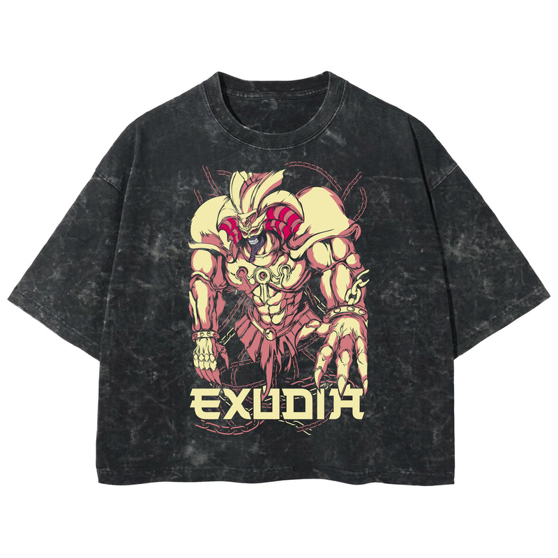 Playera streetwear premium de anime y gaming ExtraLife MX, corte boxy deluxe mineral wash heavyweight en color Acid Wash, moda urbana mexicana de culto.