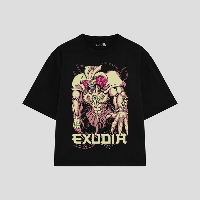 Playera streetwear premium de anime y gaming ExtraLife MX, corte boxy oversized drop shoulder heavyweight en color Deep Black y Off-White, moda urbana mexicana de culto.