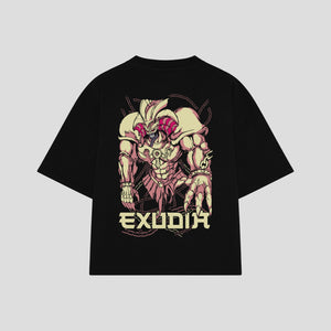 Playera streetwear premium de anime y gaming ExtraLife MX, corte boxy oversized drop shoulder heavyweight en color Deep Black y Off-White, moda urbana mexicana de culto.