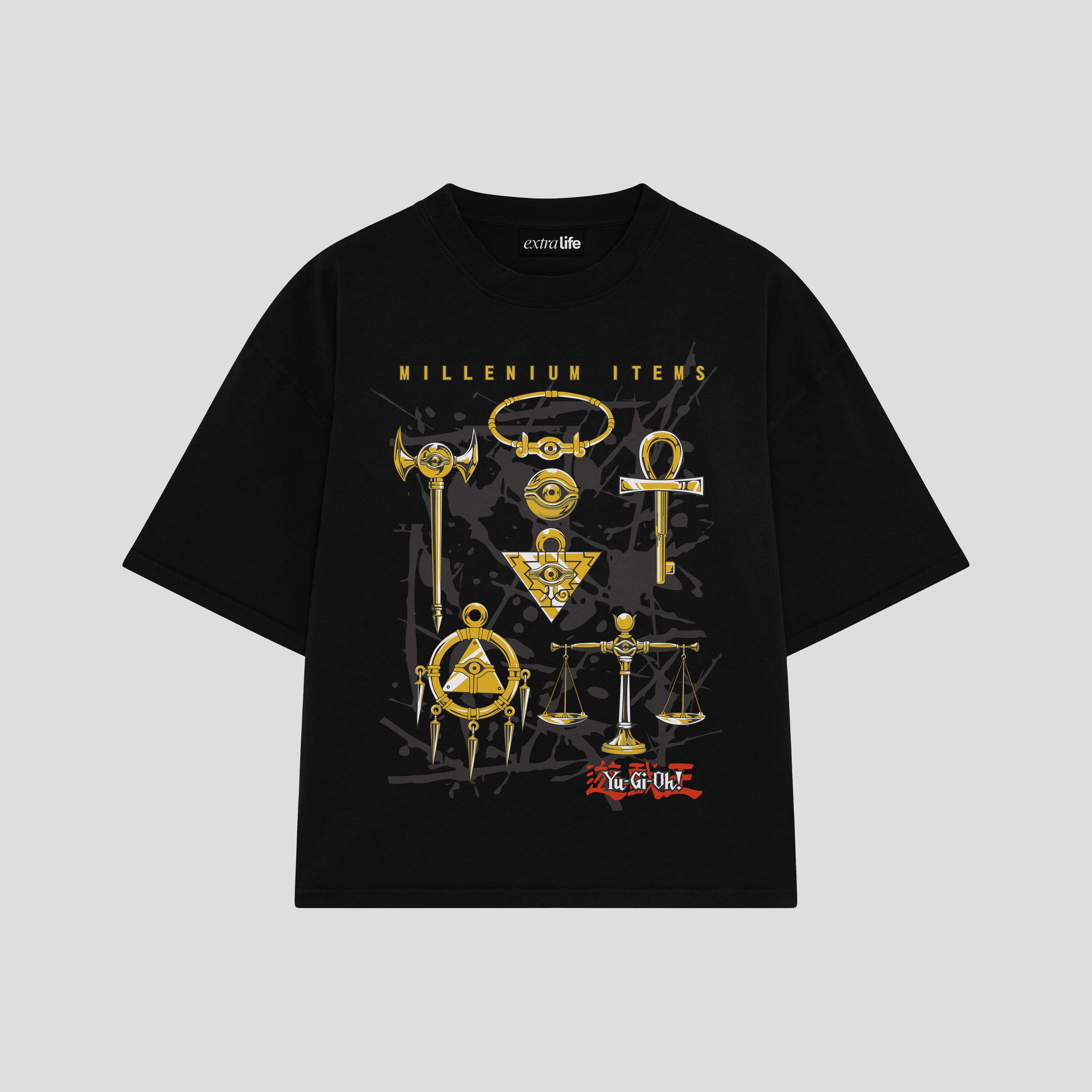 Playera streetwear premium de anime y gaming ExtraLife MX, corte boxy oversized drop shoulder heavyweight en color Deep Black y Off-White, moda urbana mexicana de culto.
