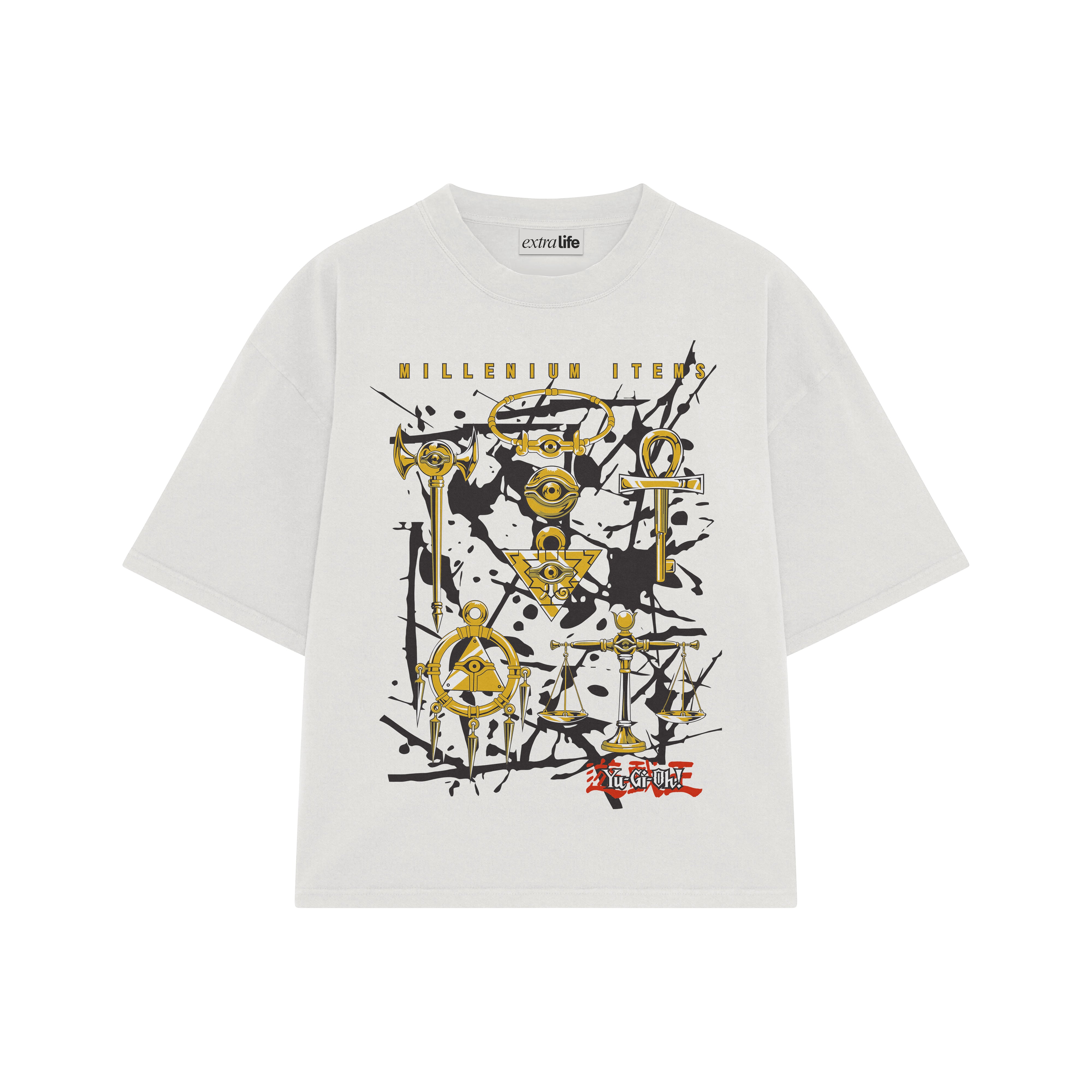 Playera streetwear premium de anime y gaming ExtraLife MX, corte boxy oversized drop shoulder heavyweight en color Deep Black y Off-White, moda urbana mexicana de culto.