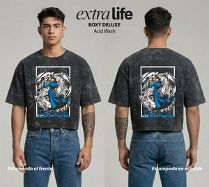 Playera streetwear premium de anime y gaming ExtraLife MX, corte boxy deluxe mineral wash heavyweight en color Acid Wash, moda urbana mexicana de culto.