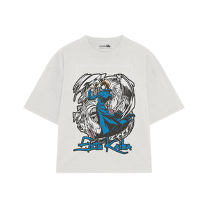 Playera streetwear premium de anime y gaming ExtraLife MX, corte boxy oversized drop shoulder heavyweight en color Deep Black y Off-White, moda urbana mexicana de culto.