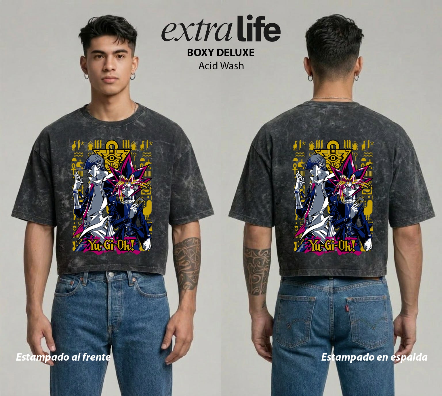 Playera streetwear premium de anime y gaming ExtraLife MX, corte boxy deluxe mineral wash heavyweight en color Acid Wash, moda urbana mexicana de culto.