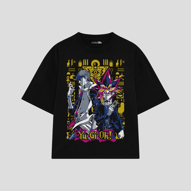 Playera streetwear premium de anime y gaming ExtraLife MX, corte boxy oversized drop shoulder heavyweight en color Deep Black y Off-White, moda urbana mexicana de culto.