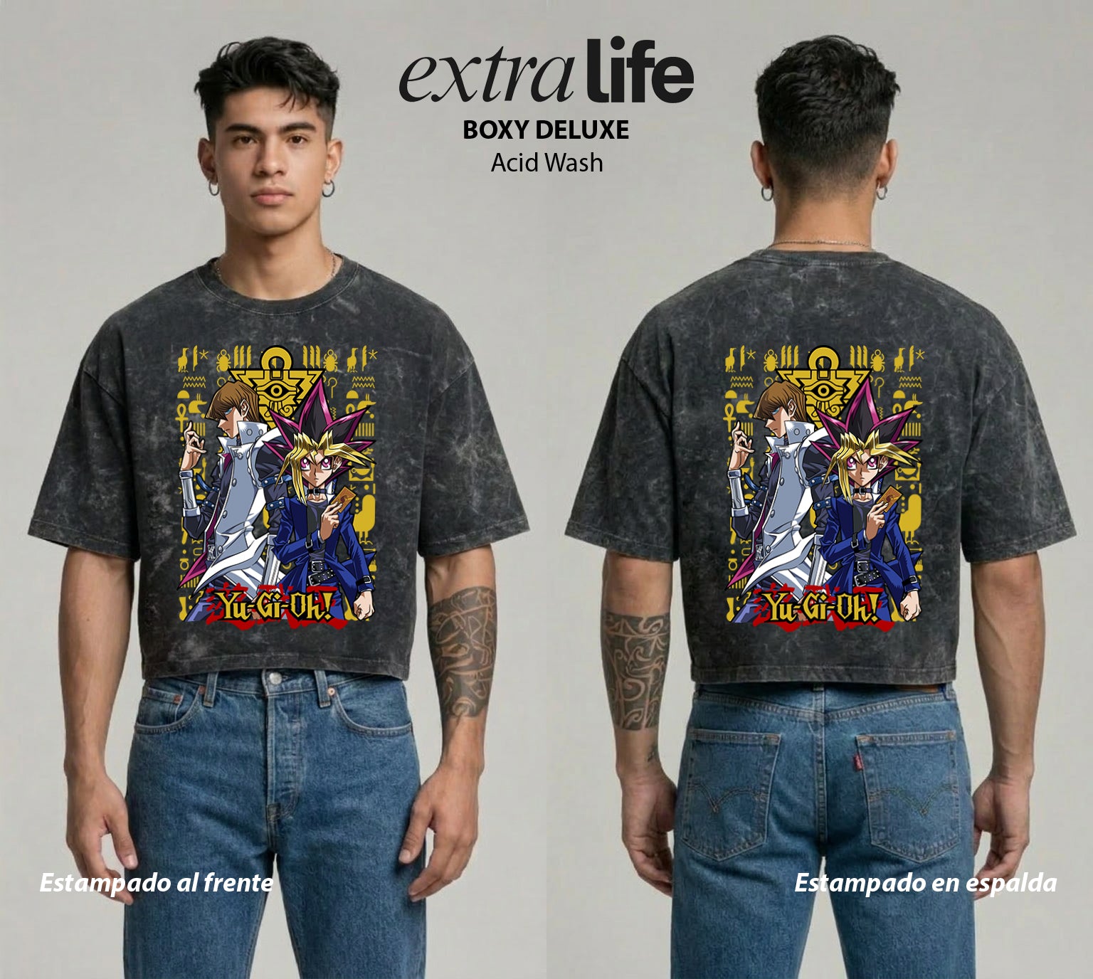 Playera streetwear premium de anime y gaming ExtraLife MX, corte boxy deluxe mineral wash heavyweight en color Acid Wash, moda urbana mexicana de culto.