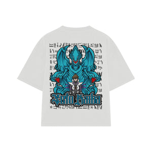 Playera streetwear premium de anime y gaming ExtraLife MX, corte boxy oversized drop shoulder heavyweight en color Deep Black y Off-White, moda urbana mexicana de culto.