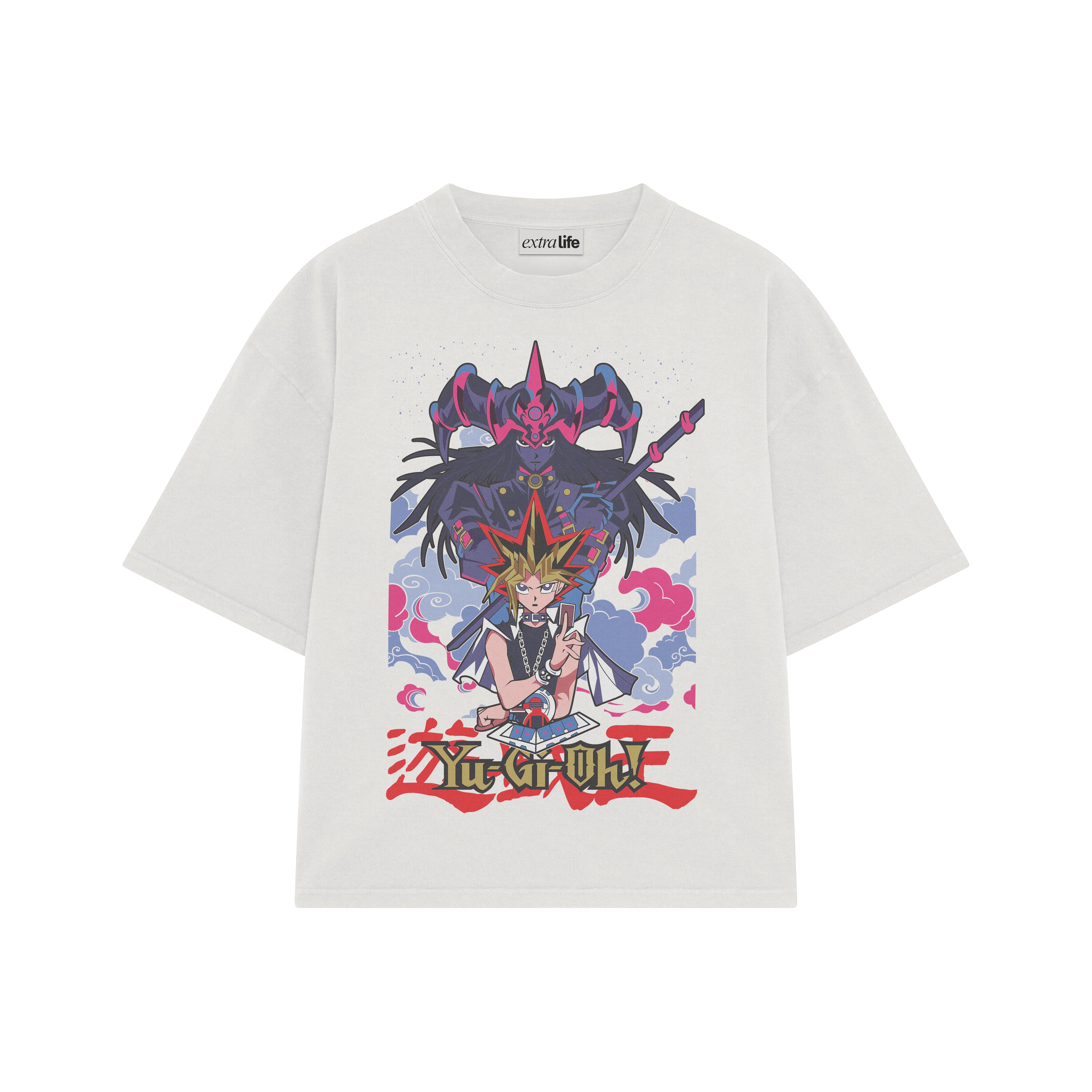 Playera streetwear premium de anime y gaming ExtraLife MX, corte boxy oversized drop shoulder heavyweight en color Deep Black y Off-White, moda urbana mexicana de culto.