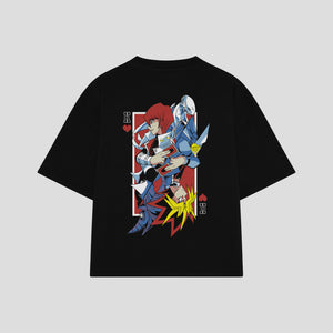Playera streetwear premium de anime y gaming ExtraLife MX, corte boxy oversized drop shoulder heavyweight en color Deep Black y Off-White, moda urbana mexicana de culto.