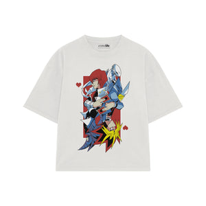 Playera streetwear premium de anime y gaming ExtraLife MX, corte boxy oversized drop shoulder heavyweight en color Deep Black y Off-White, moda urbana mexicana de culto.