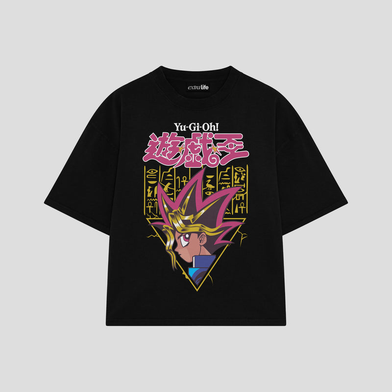 Playera streetwear premium de anime y gaming ExtraLife MX, corte boxy oversized drop shoulder heavyweight en color Deep Black y Off-White, moda urbana mexicana de culto.