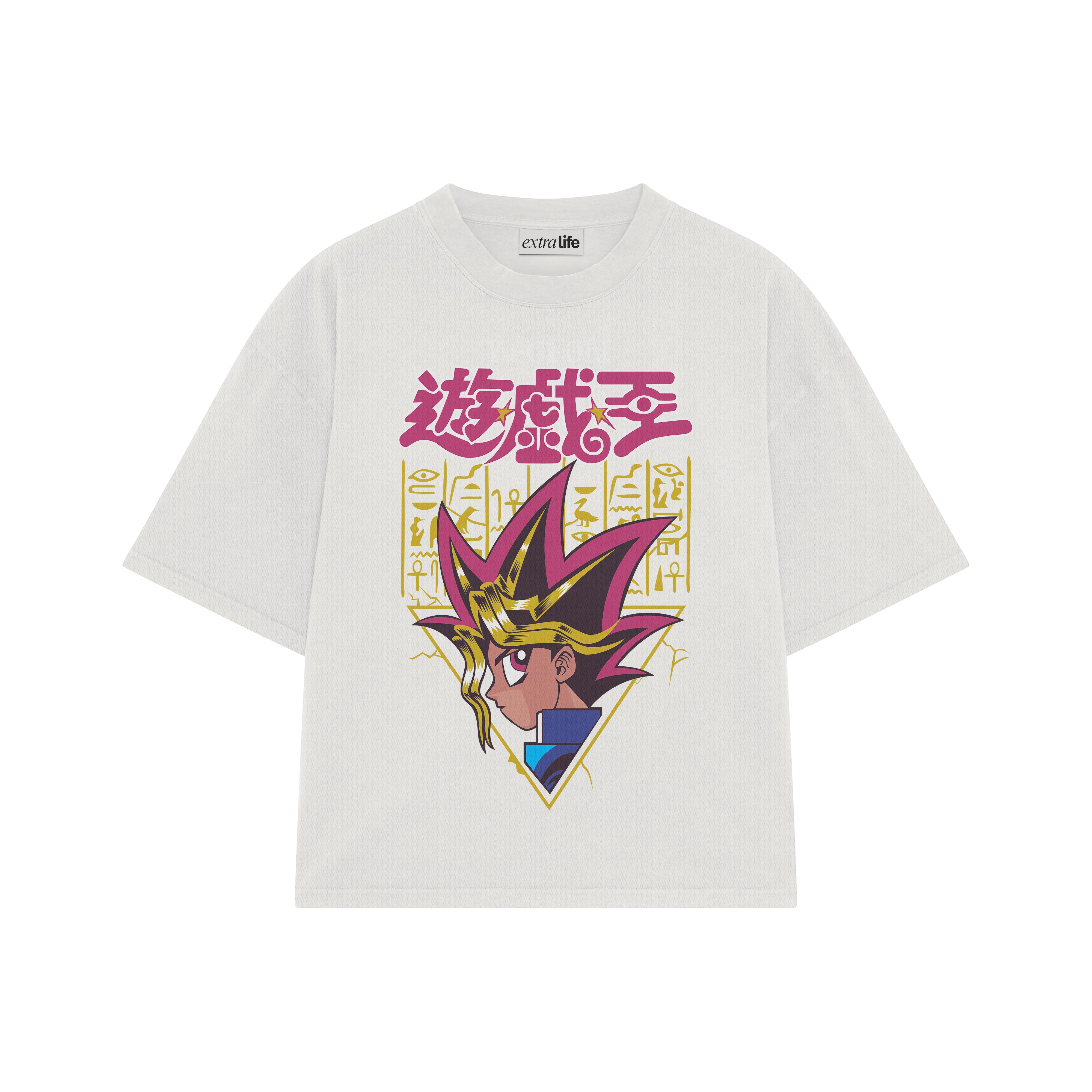 Playera streetwear premium de anime y gaming ExtraLife MX, corte boxy oversized drop shoulder heavyweight en color Deep Black y Off-White, moda urbana mexicana de culto.