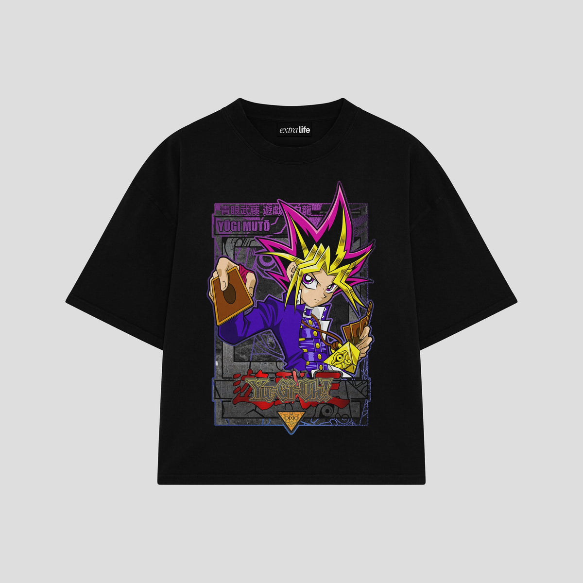 Playera streetwear premium de anime y gaming ExtraLife MX, corte oversized drop shoulder ligero y fresco en color Deep Black y Off-White, moda urbana mexicana de culto.