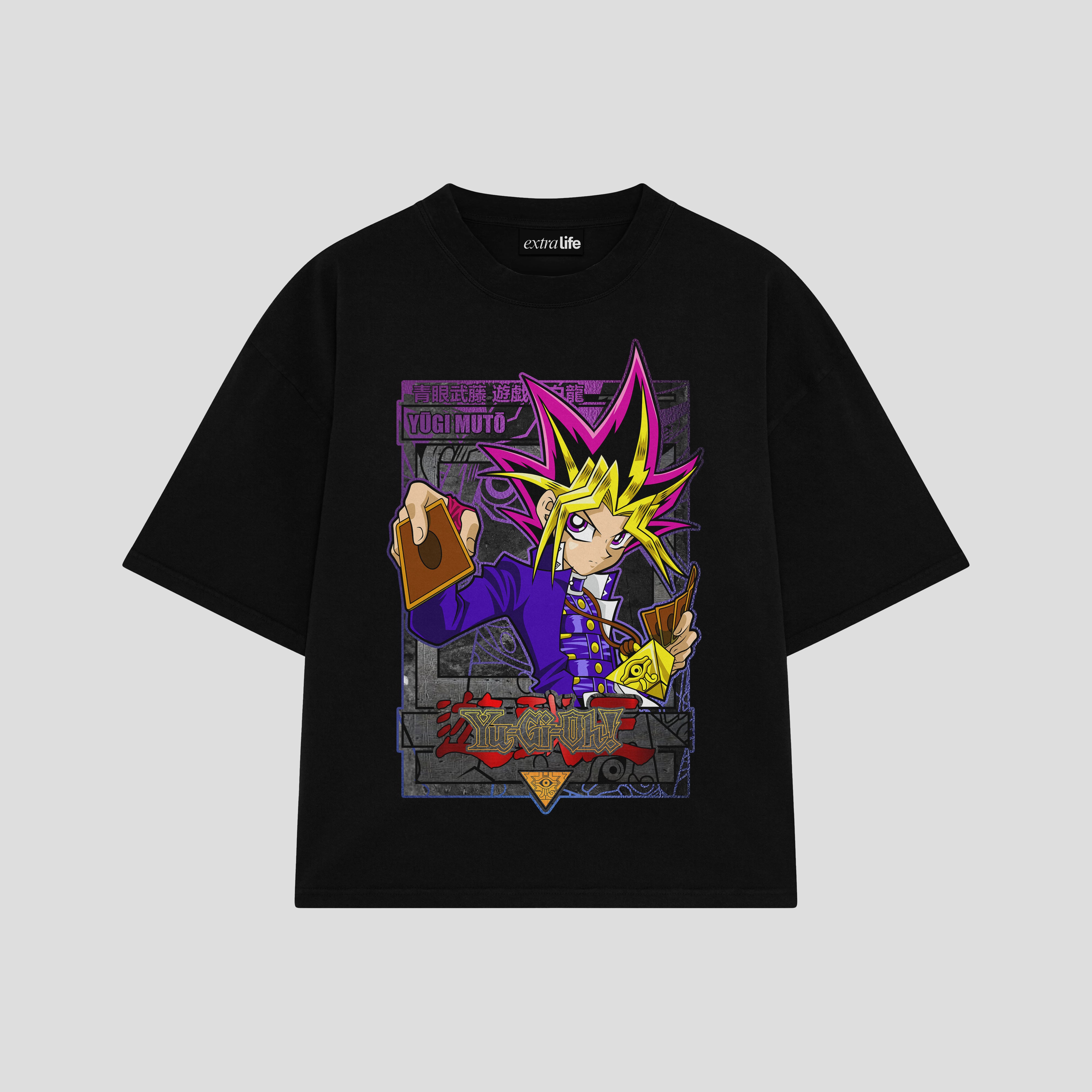 Playera streetwear premium de anime y gaming ExtraLife MX, corte boxy oversized drop shoulder heavyweight en color Deep Black y Off-White, moda urbana mexicana de culto.