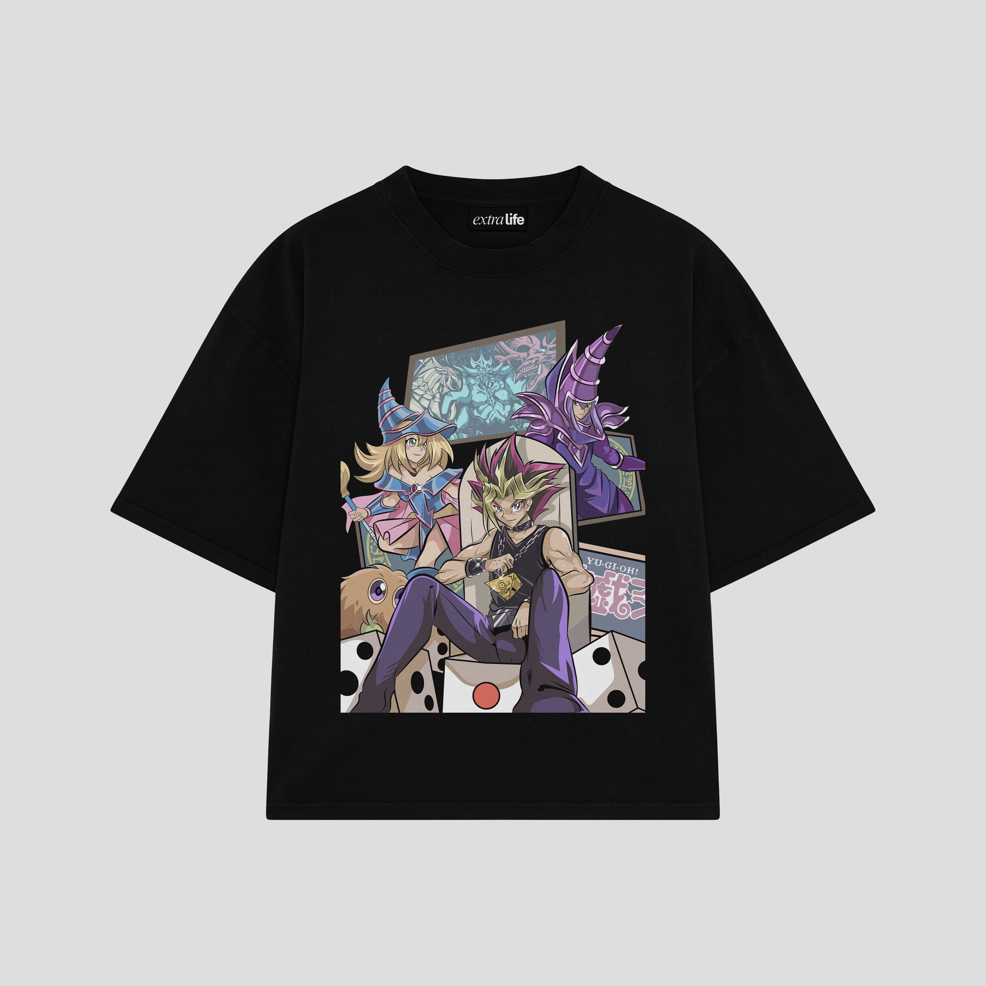 Playera streetwear premium de anime y gaming ExtraLife MX, corte boxy oversized drop shoulder heavyweight en color Deep Black y Off-White, moda urbana mexicana de culto.