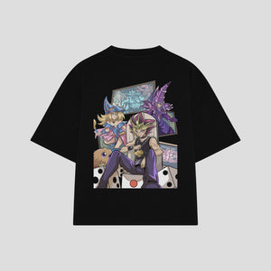 Playera streetwear premium de anime y gaming ExtraLife MX, corte boxy oversized drop shoulder heavyweight en color Deep Black y Off-White, moda urbana mexicana de culto.