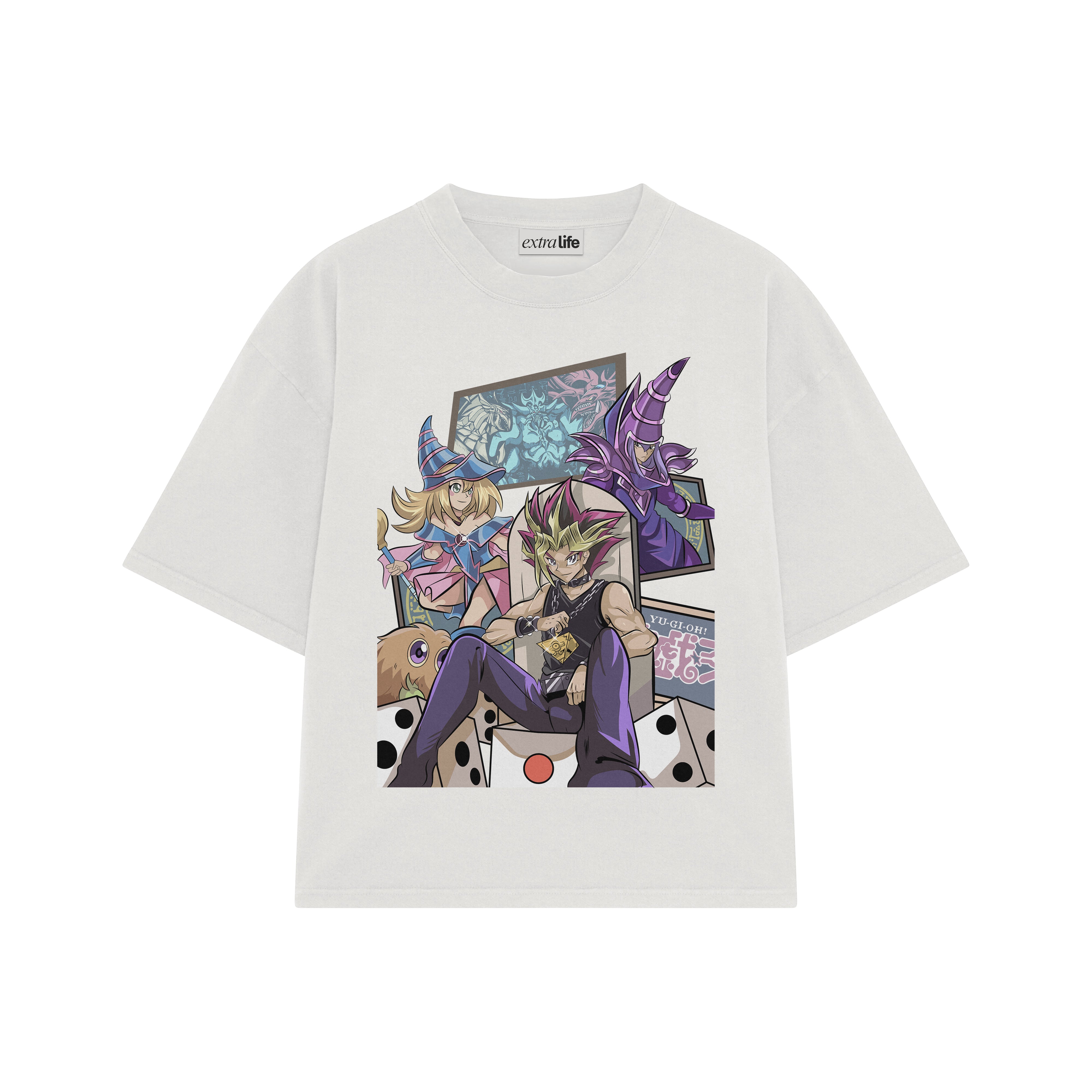 Playera streetwear premium de anime y gaming ExtraLife MX, corte boxy oversized drop shoulder heavyweight en color Deep Black y Off-White, moda urbana mexicana de culto.