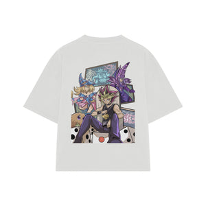 Playera streetwear premium de anime y gaming ExtraLife MX, corte boxy oversized drop shoulder heavyweight en color Deep Black y Off-White, moda urbana mexicana de culto.