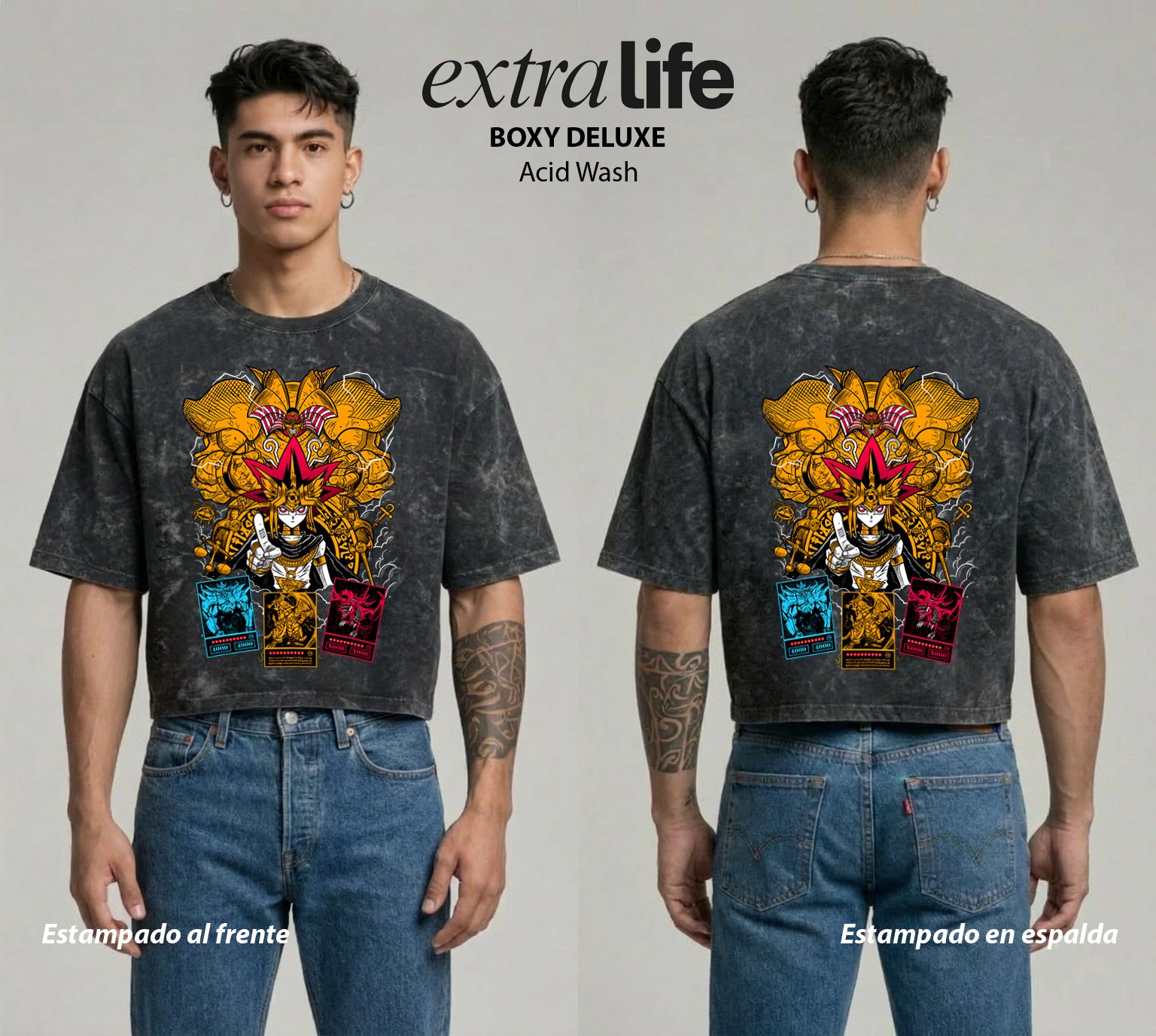 Playera streetwear premium de anime y gaming ExtraLife MX, corte boxy deluxe mineral wash heavyweight en color Acid Wash, moda urbana mexicana de culto.
