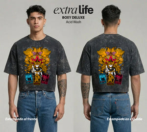 Playera streetwear premium de anime y gaming ExtraLife MX, corte boxy deluxe mineral wash heavyweight en color Acid Wash, moda urbana mexicana de culto.