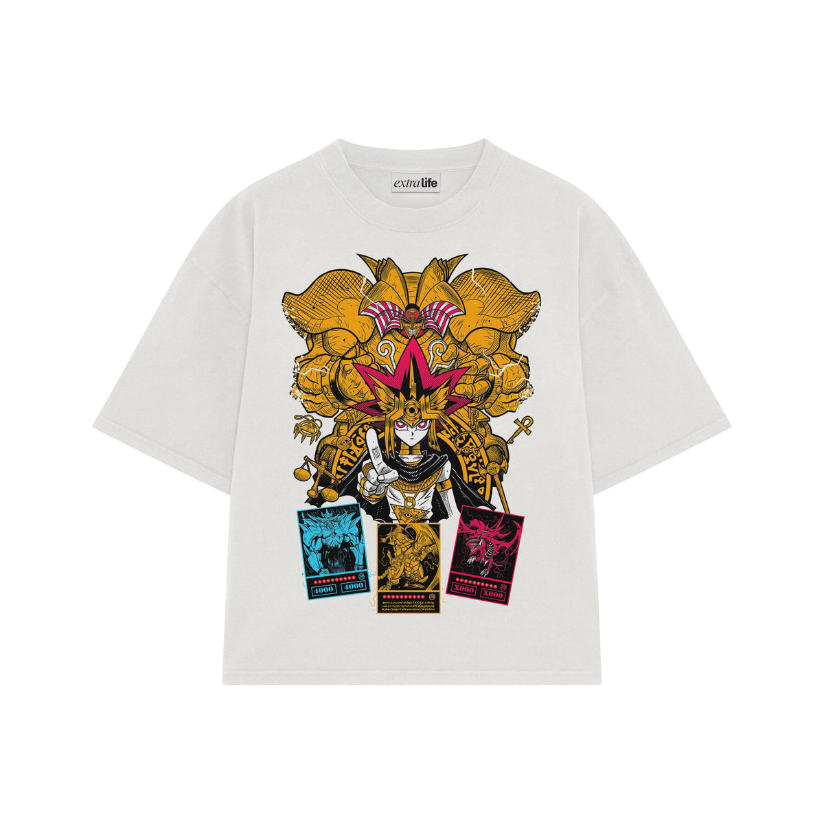 Playera streetwear premium de anime y gaming ExtraLife MX, corte oversized drop shoulder ligero y fresco en color Deep Black y Off-White, moda urbana mexicana de culto.