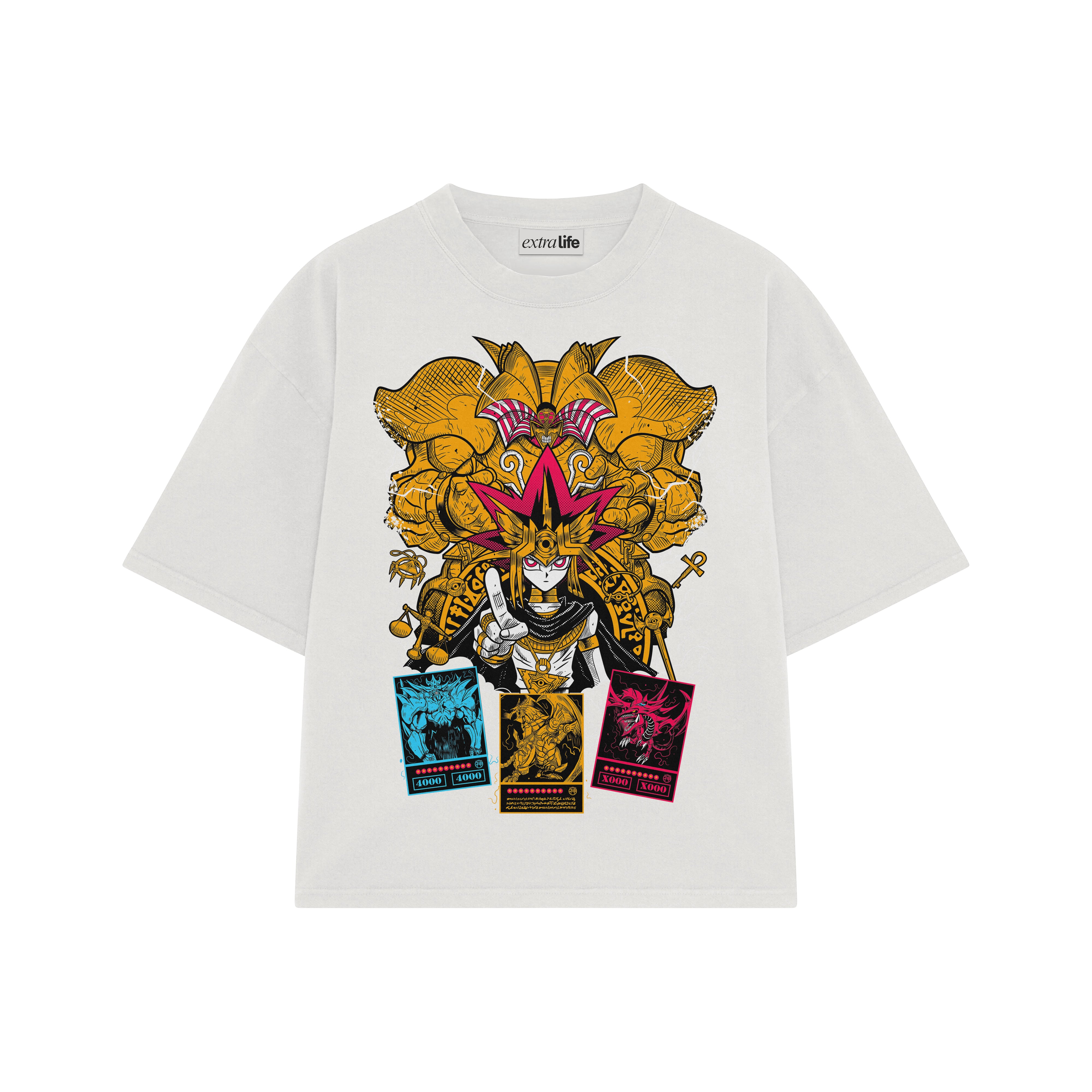 Playera streetwear premium de anime y gaming ExtraLife MX, corte boxy oversized drop shoulder heavyweight en color Deep Black y Off-White, moda urbana mexicana de culto.