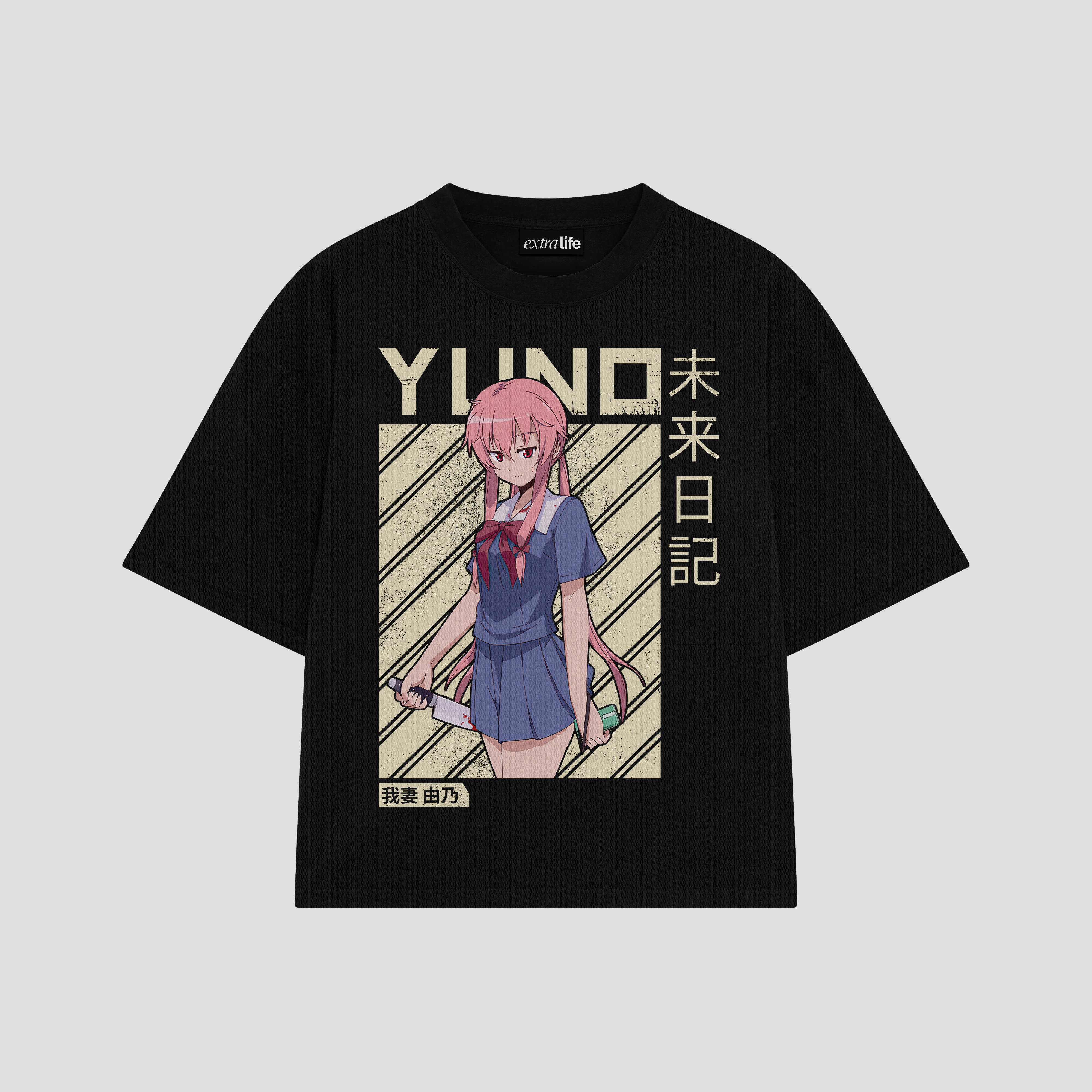 Playera streetwear premium de anime y gaming ExtraLife MX, corte boxy oversized drop shoulder heavyweight en color Deep Black y Off-White, moda urbana mexicana de culto.