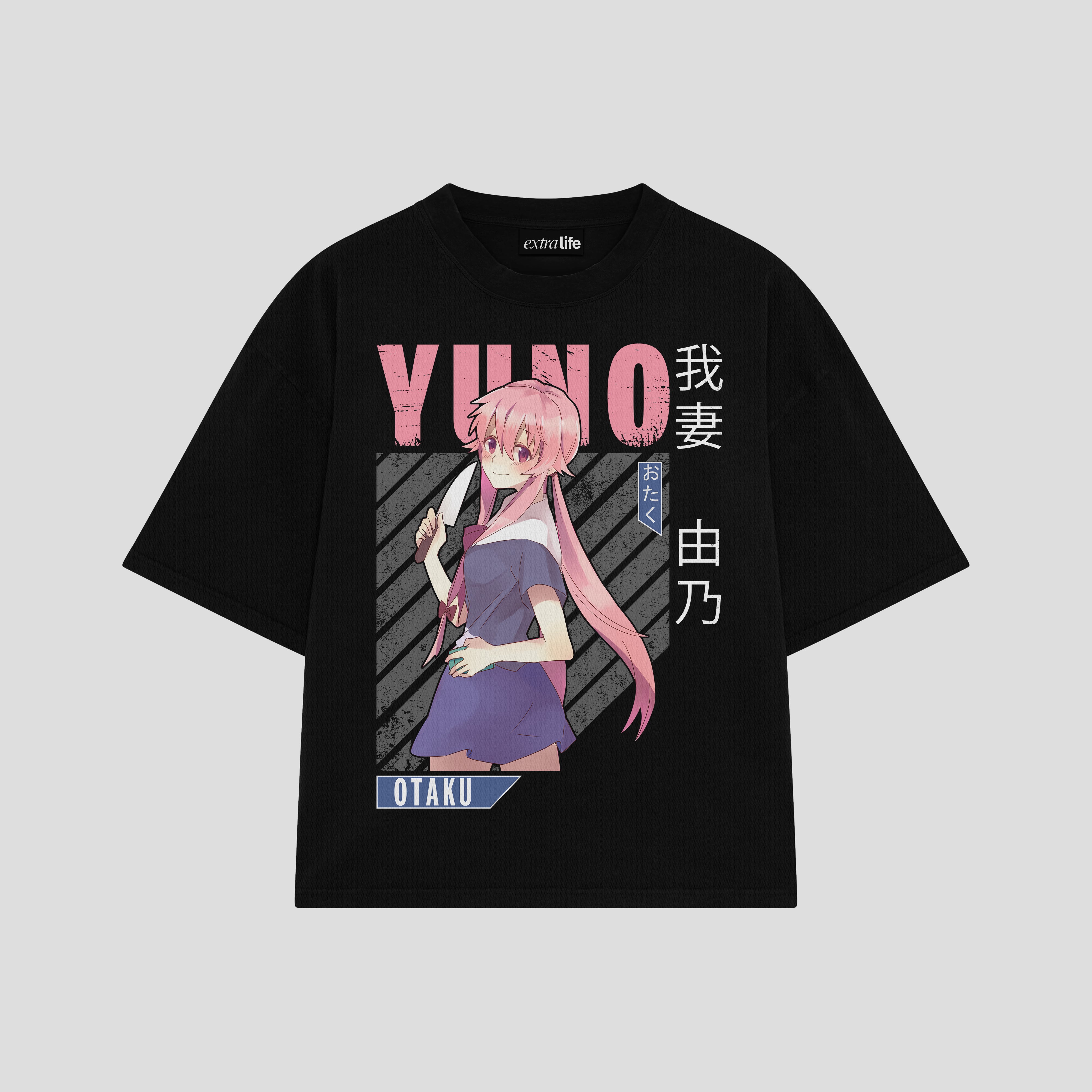 Playera streetwear premium de anime y gaming ExtraLife MX, corte boxy oversized drop shoulder heavyweight en color Deep Black y Off-White, moda urbana mexicana de culto.