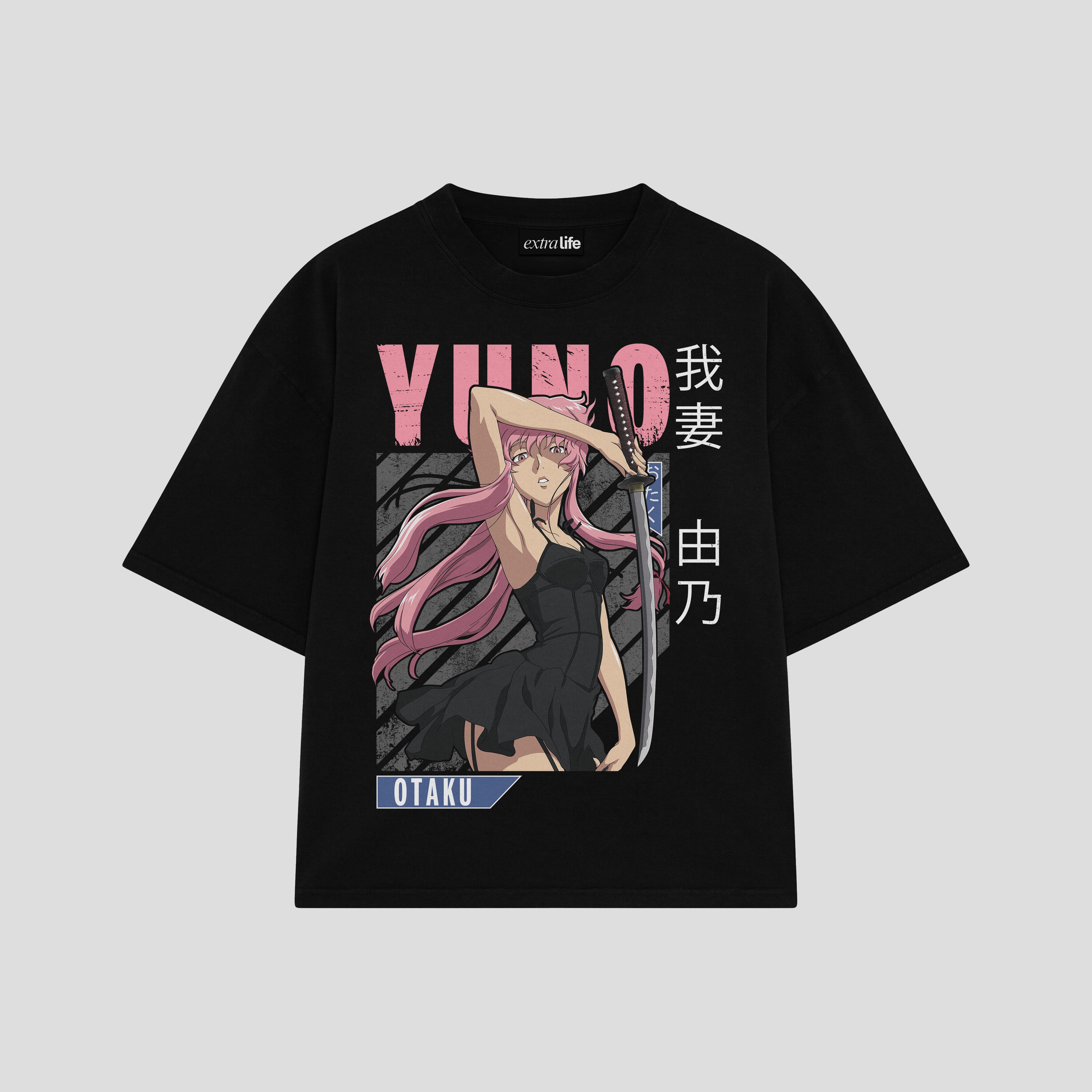 Playera streetwear premium de anime y gaming ExtraLife MX, corte boxy oversized drop shoulder heavyweight en color Deep Black y Off-White, moda urbana mexicana de culto.