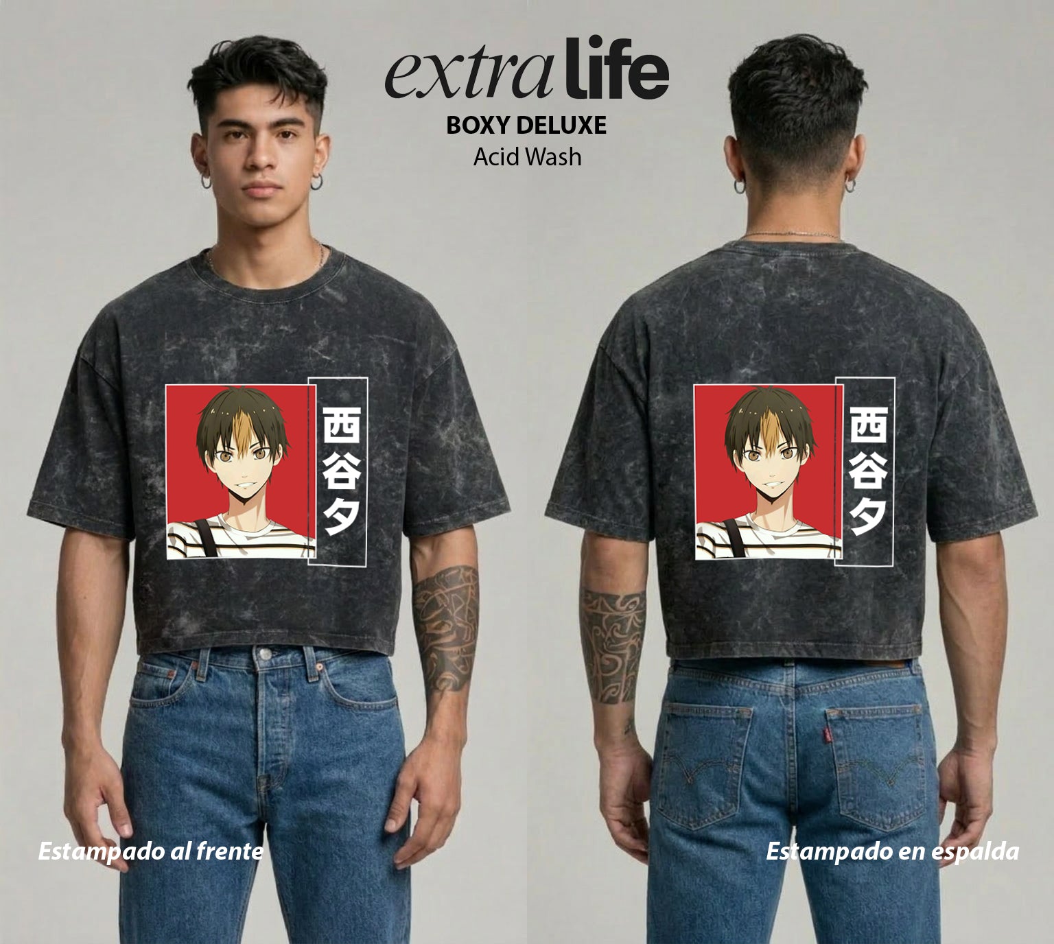Playera streetwear premium de anime y gaming ExtraLife MX, corte boxy deluxe mineral wash heavyweight en color Acid Wash, moda urbana mexicana de culto.
