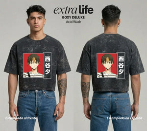 Playera streetwear premium de anime y gaming ExtraLife MX, corte boxy deluxe mineral wash heavyweight en color Acid Wash, moda urbana mexicana de culto.