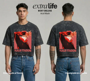 Playera streetwear premium de anime y gaming ExtraLife MX, corte boxy deluxe mineral wash heavyweight en color Acid Wash, moda urbana mexicana de culto.