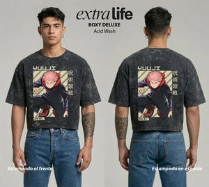 Playera streetwear premium de anime y gaming ExtraLife MX, corte boxy deluxe mineral wash heavyweight en color Acid Wash, moda urbana mexicana de culto.