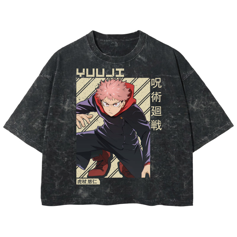 Playera streetwear premium de anime y gaming ExtraLife MX, corte boxy deluxe mineral wash heavyweight en color Acid Wash, moda urbana mexicana de culto.
