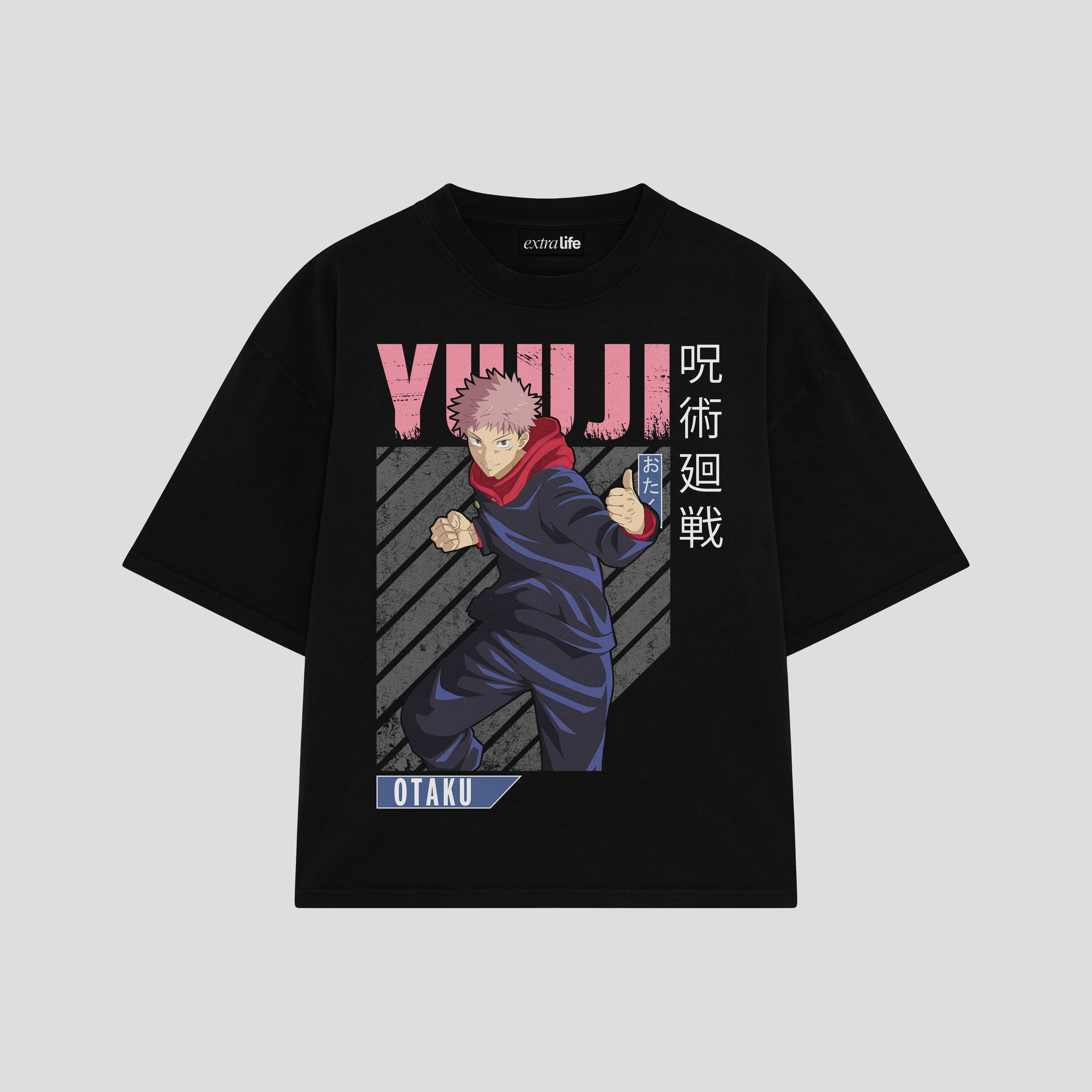 Playera streetwear premium de anime y gaming ExtraLife MX, corte boxy oversized drop shoulder heavyweight en color Deep Black y Off-White, moda urbana mexicana de culto.