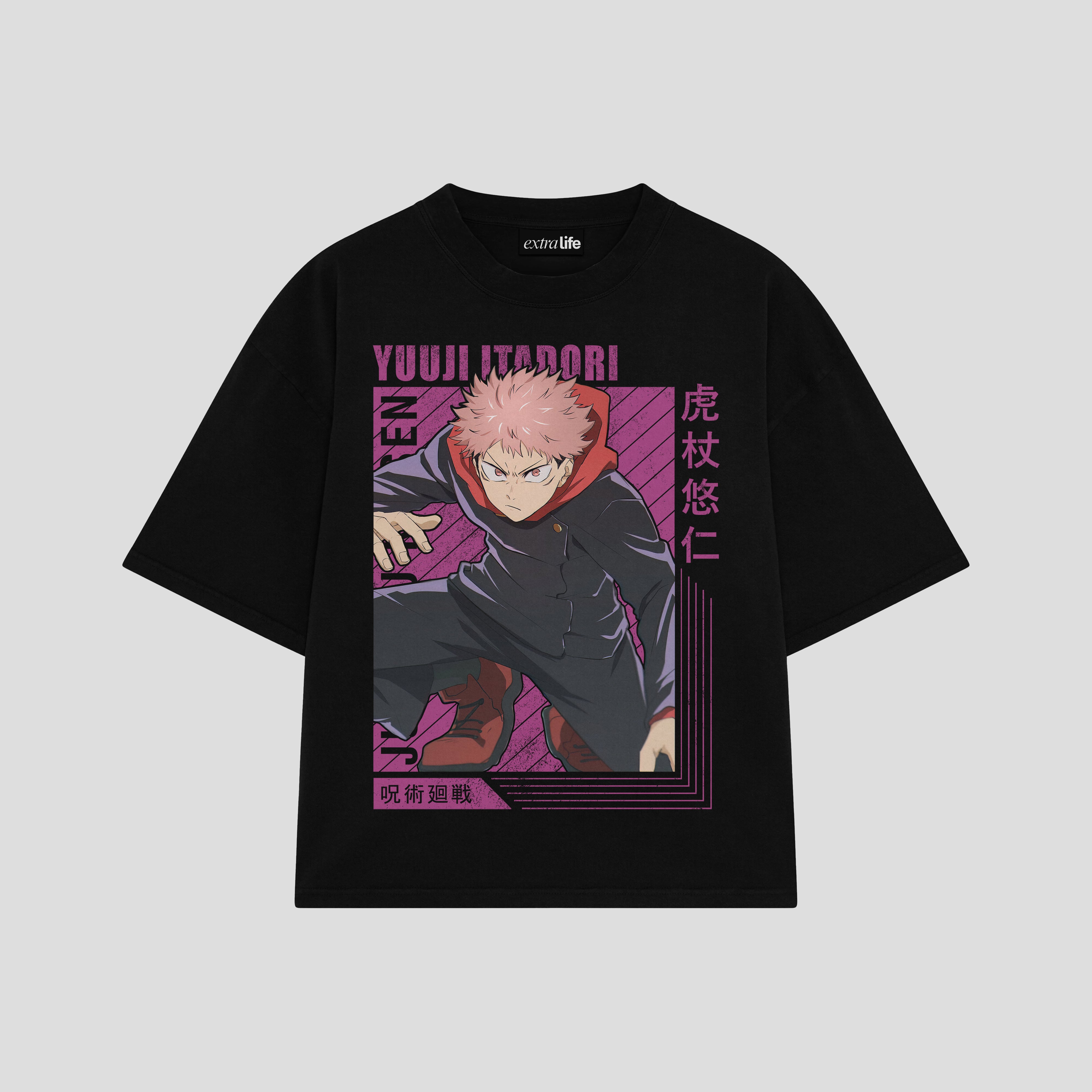 Playera streetwear premium de anime y gaming ExtraLife MX, corte boxy oversized drop shoulder heavyweight en color Deep Black y Off-White, moda urbana mexicana de culto.