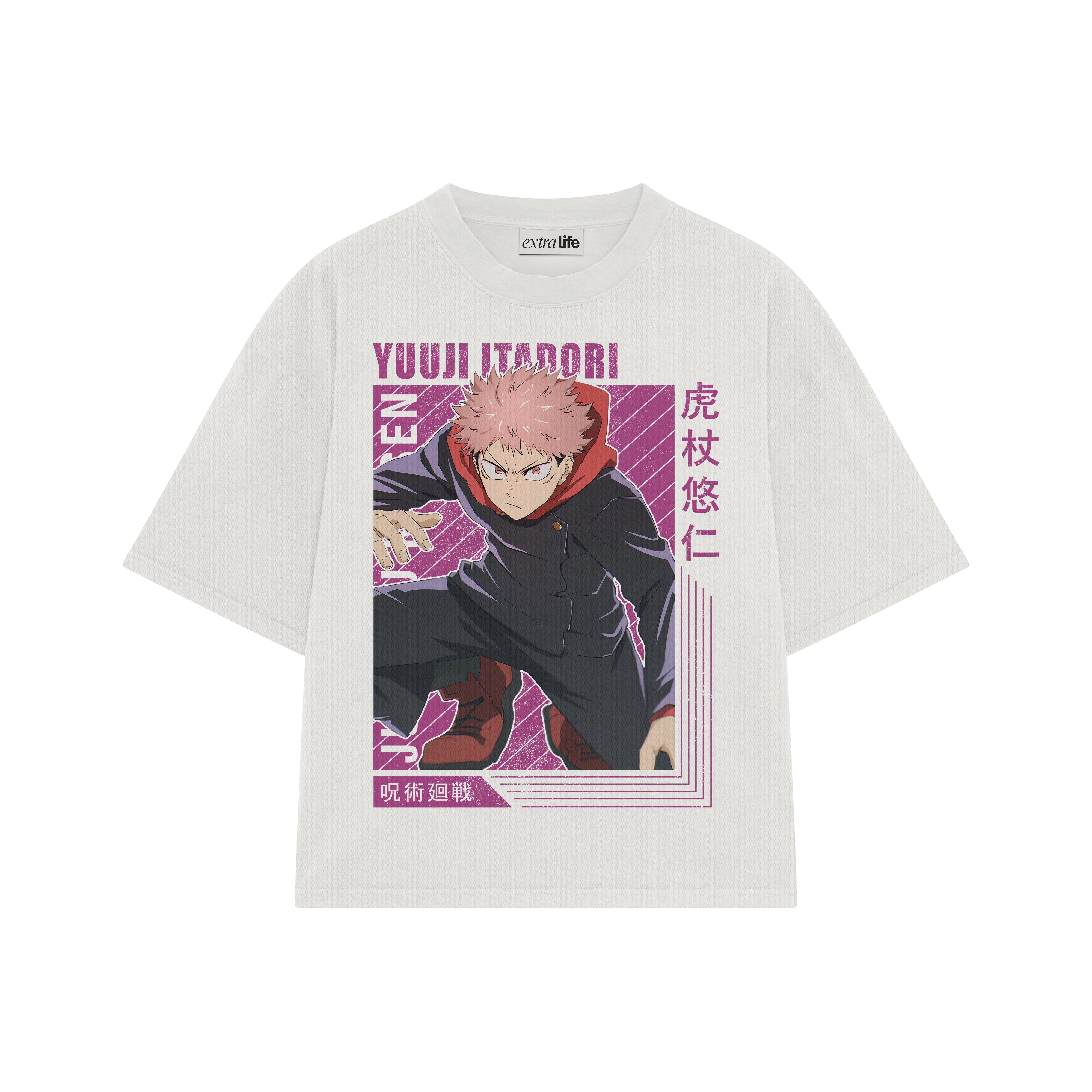Playera streetwear premium de anime y gaming ExtraLife MX, corte boxy oversized drop shoulder heavyweight en color Deep Black y Off-White, moda urbana mexicana de culto.