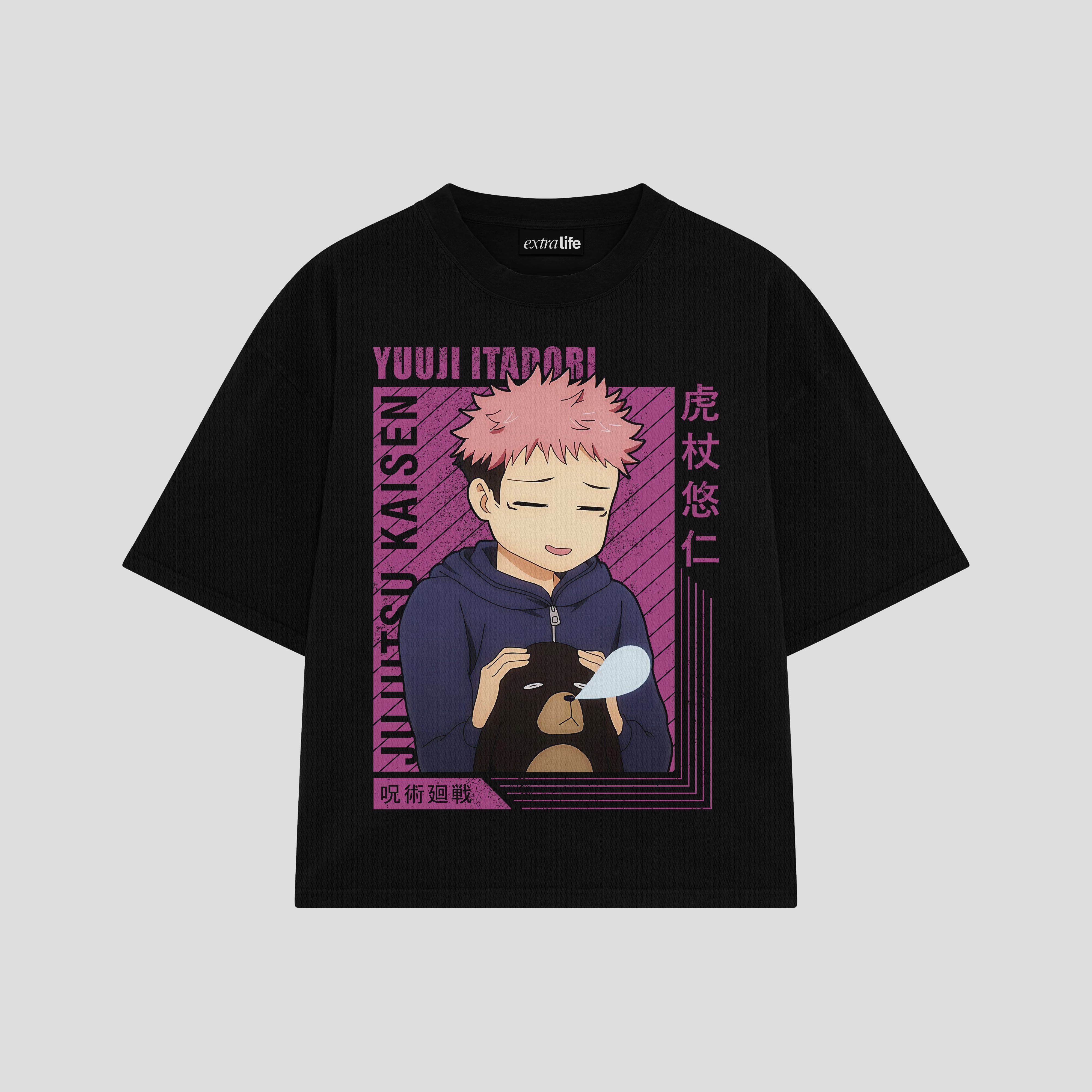 Playera streetwear premium de anime y gaming ExtraLife MX, corte boxy oversized drop shoulder heavyweight en color Deep Black y Off-White, moda urbana mexicana de culto.