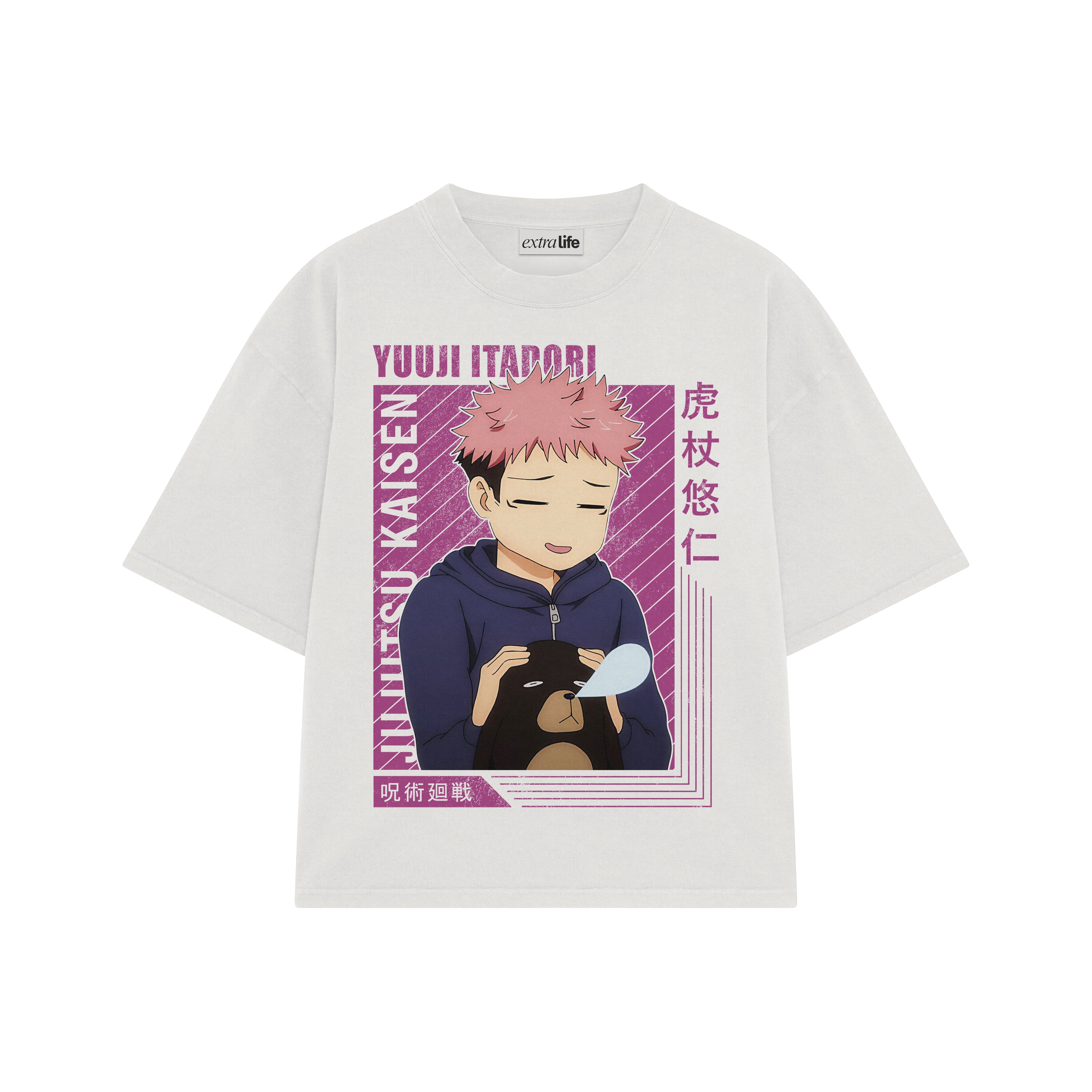 Playera streetwear premium de anime y gaming ExtraLife MX, corte boxy oversized drop shoulder heavyweight en color Deep Black y Off-White, moda urbana mexicana de culto.