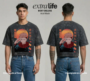 Playera streetwear premium de anime y gaming ExtraLife MX, corte boxy deluxe mineral wash heavyweight en color Acid Wash, moda urbana mexicana de culto.
