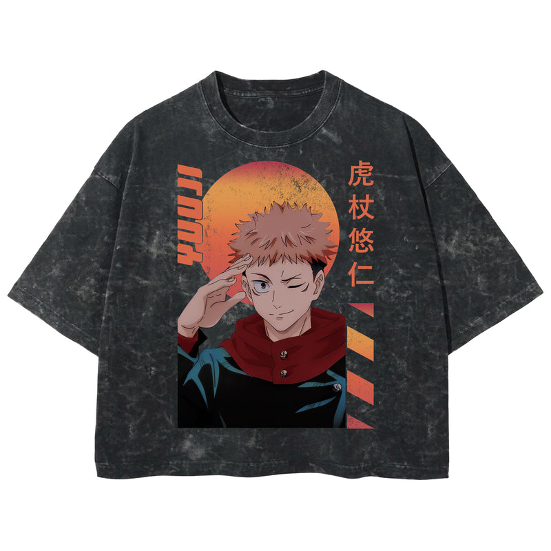 Playera streetwear premium de anime y gaming ExtraLife MX, corte boxy deluxe mineral wash heavyweight en color Acid Wash, moda urbana mexicana de culto.